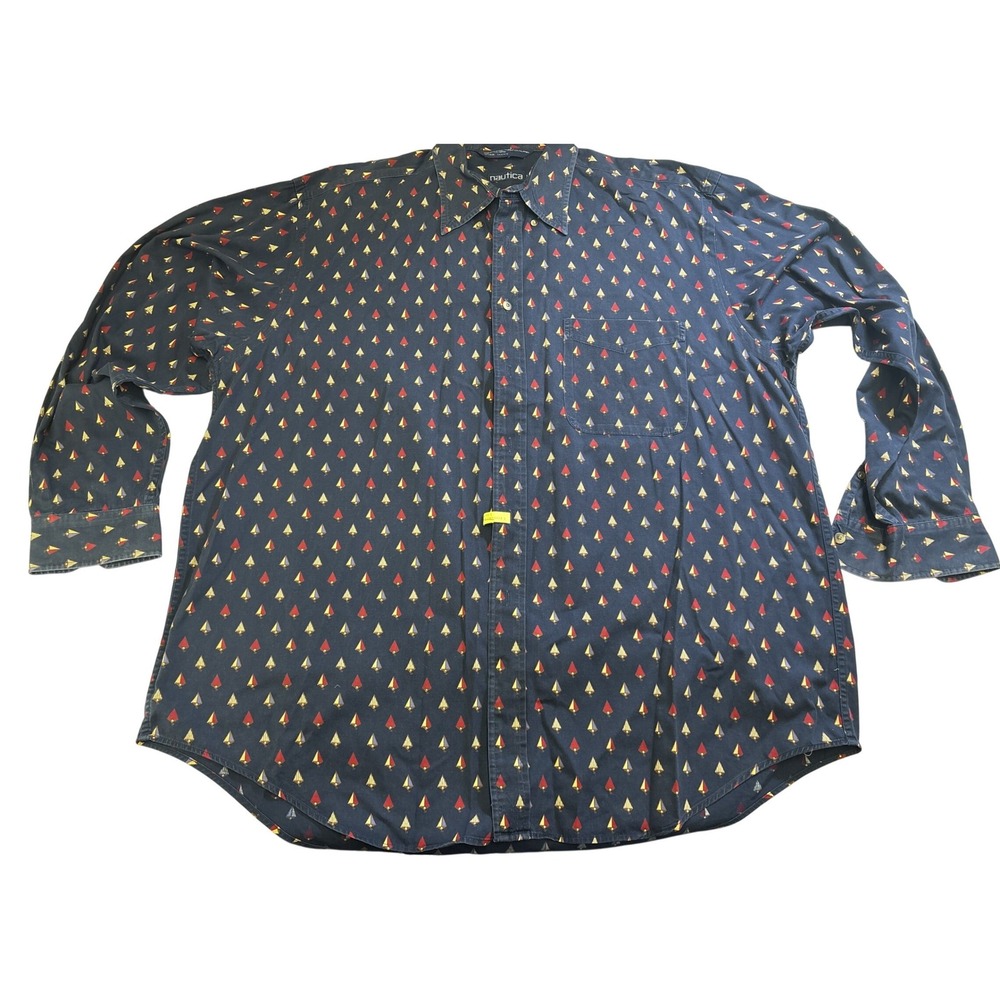 Nautica men's XL navy blue cotton button-down‎ with sail print design.